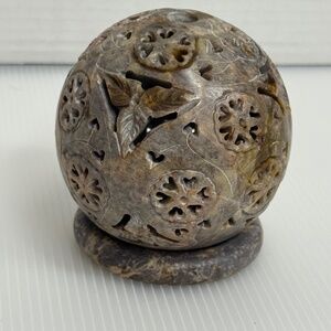 Hand Carved Soap Stone Tea light/Incense holder Orb/Sphere with Base Tribal